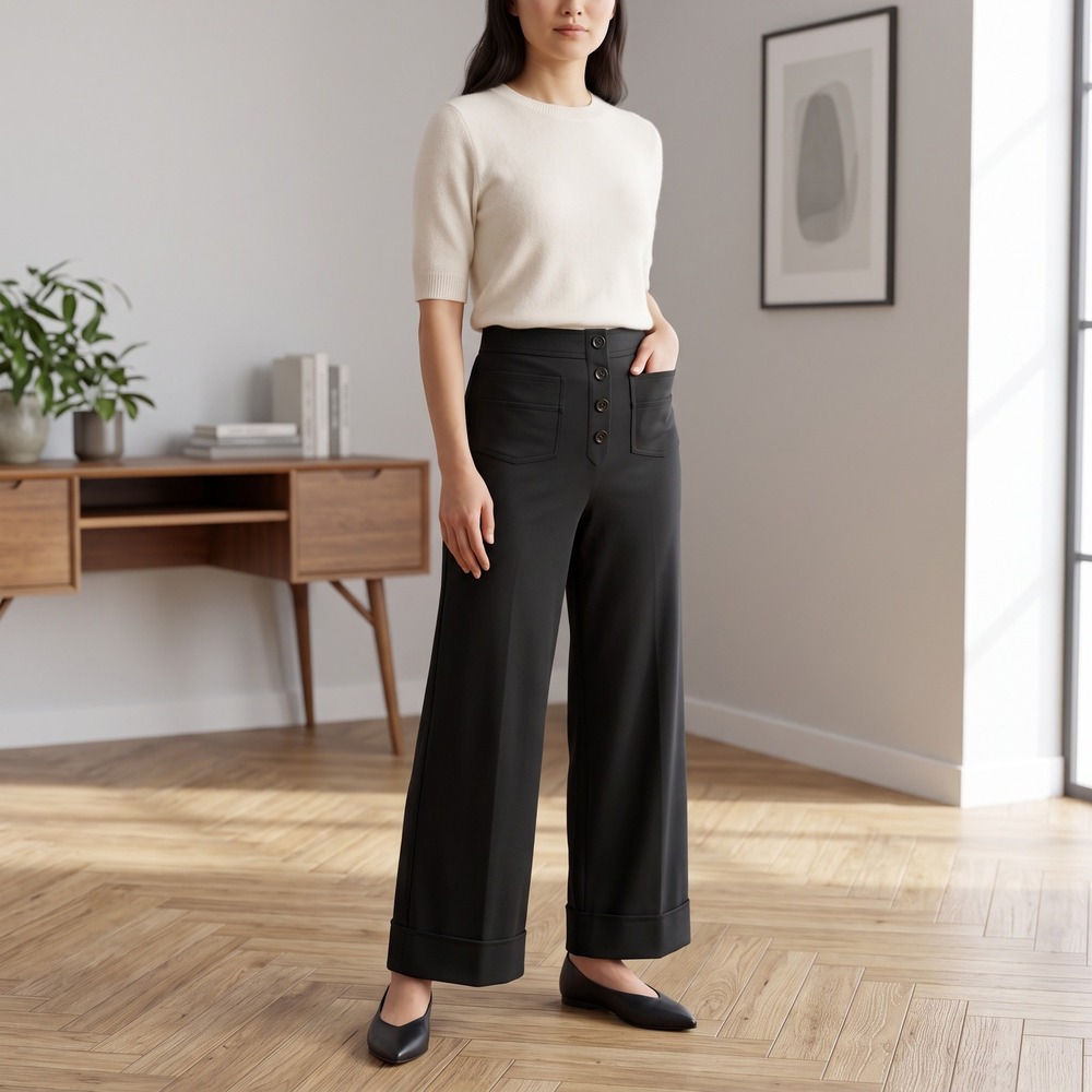 Halara Pants Women's M Petite Black Wide Leg Button Front Stretch Pockets